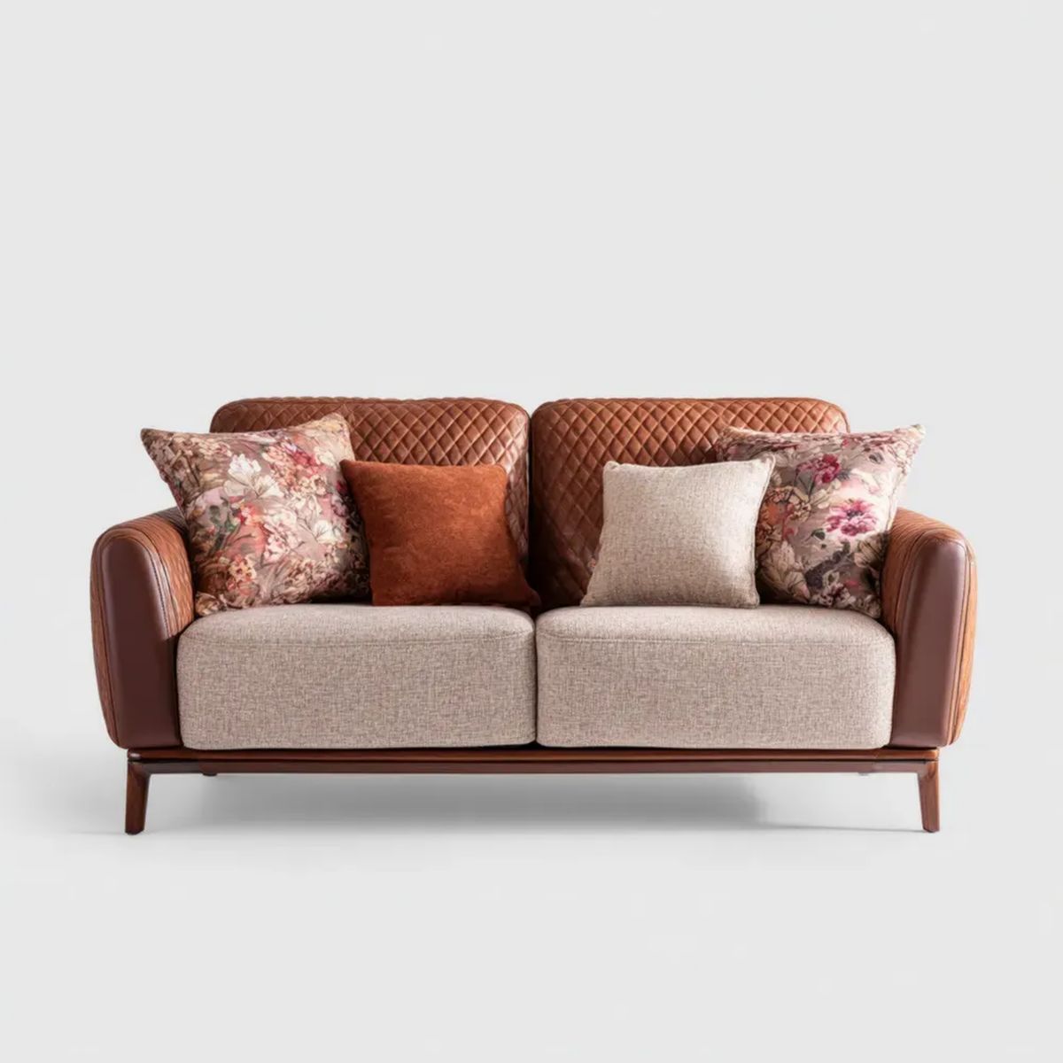 Sofa dwuosobowa brązowo-beżowa z tapicerką PU i poliestrową, 160 x 85 x 88 cm