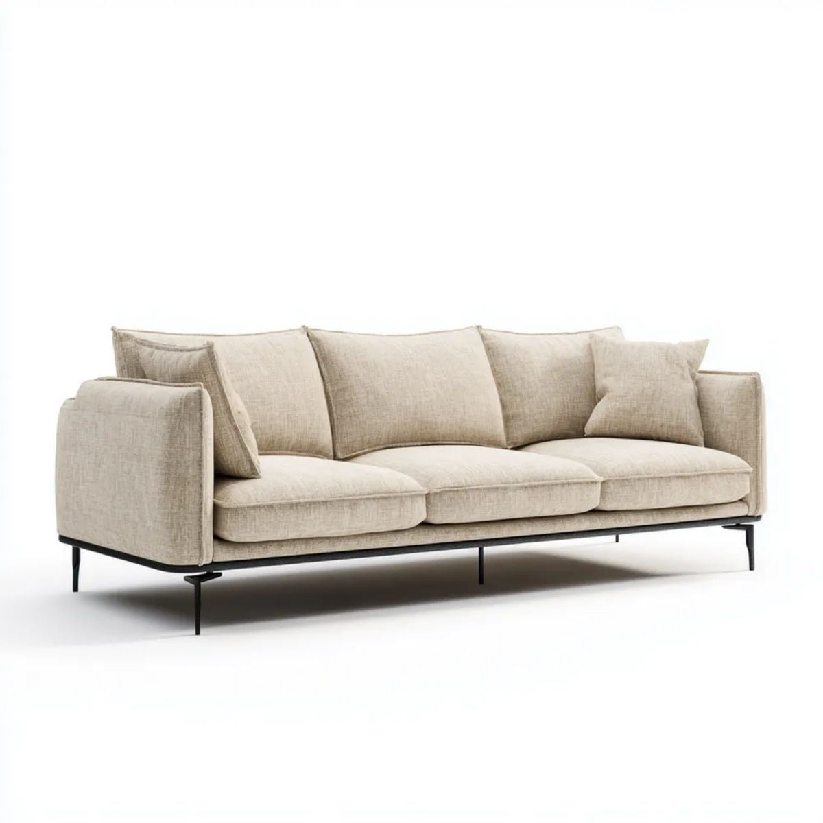 Trzyosobowa sofa beżowa z tapicerką poliestrową i stalowymi nogami, 230 x 95 x 85 cm