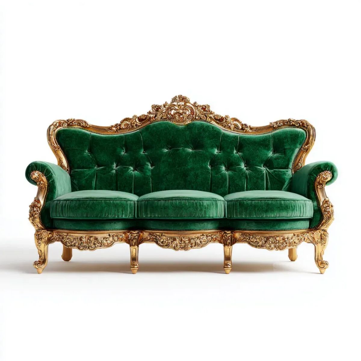 Trzyosobowa sofa barokowa zielona aksamitna z rzeźbioną drewnianą ramą, 235 × 95 × 120 cm