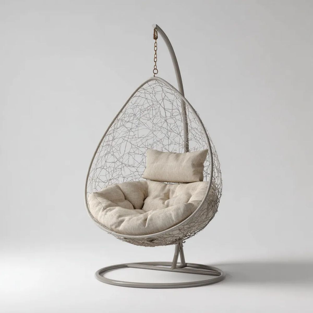 Owalny fotel wiszący z podstawą stalową i splotem PE 105 x 105 x 195 cm szarobeżowy/beżowy