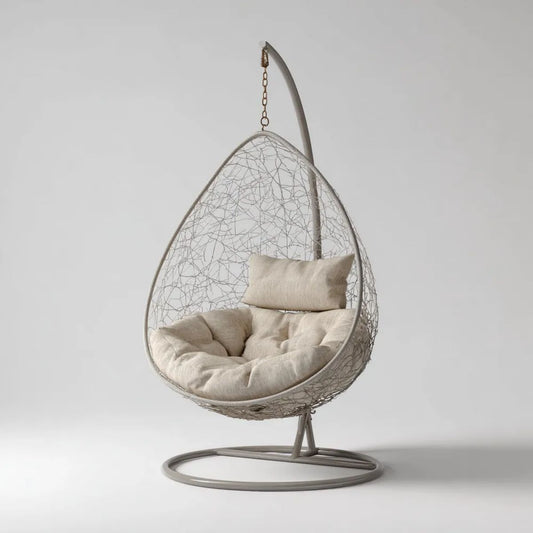 Owalny fotel wiszący z podstawą stalową i splotem PE 105 x 105 x 195 cm szarobeżowy/beżowy