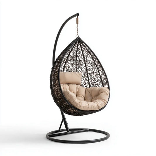 Wiszący fotel ogrodowy kokon czarny z technorattanu PE na stalowym stelażu 95 x 95 x 195 cm