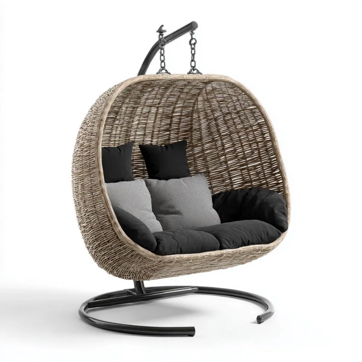 Dwuosobowy ogrodowy fotel wiszący owalny z technorattanu PE, beżowo-czarno-szary, 130 × 75 × 195 cm