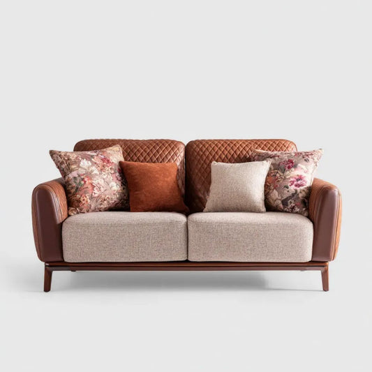 Sofa dwuosobowa brązowo-beżowa z tapicerką PU i poliestrową, 160 x 85 x 88 cm