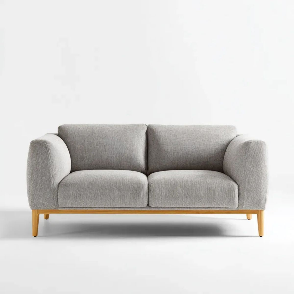 Dwuosobowa sofa z szarą tapicerką poliestrową i drewnianymi nogami, 160 x 85 x 80 cm