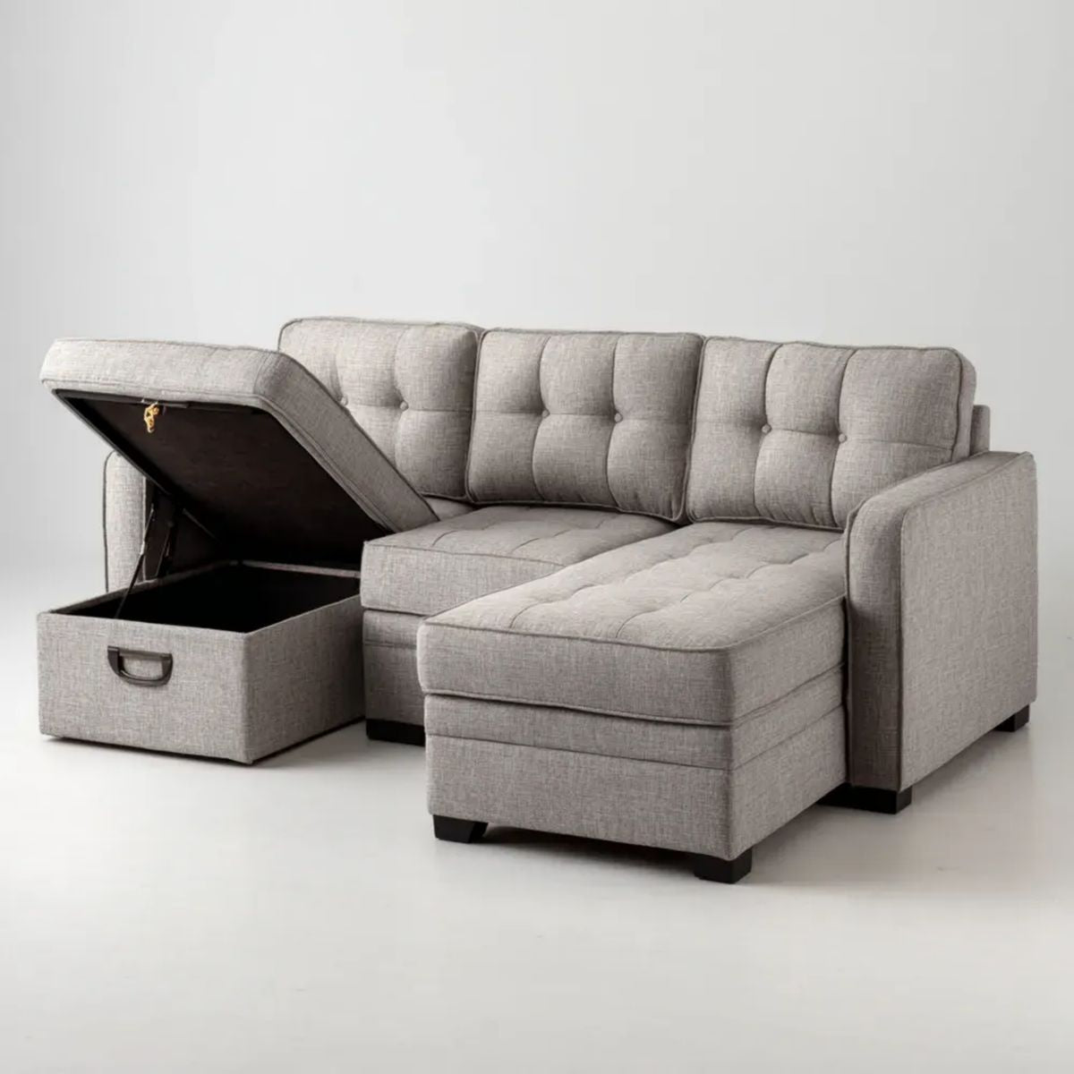Szara sofa narożna w kształcie L z pojemnikiem, tapicerowana poliestrem, 210 x 145 x 88 cm