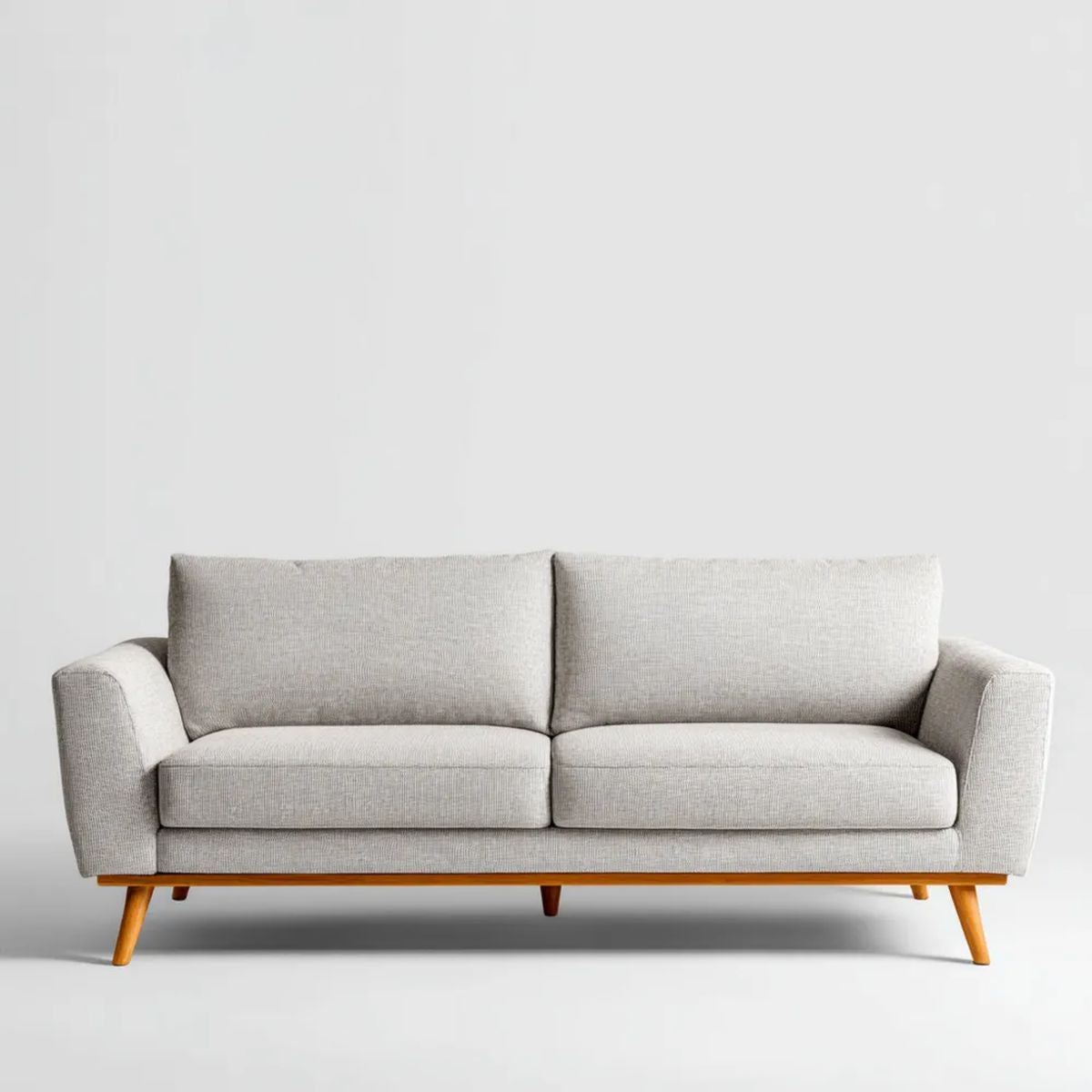 Trzyosobowa sofa tapicerowana jasnoszara z drewnianymi nogami, 200 × 90 × 85 cm