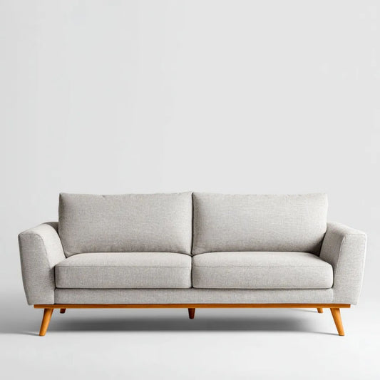 Trzyosobowa sofa tapicerowana jasnoszara z drewnianymi nogami, 200 × 90 × 85 cm