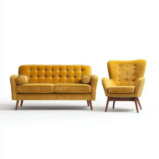Musztardowy zestaw wypoczynkowy z aksamitu – sofa 2-osobowa 180 x 80 x 85 cm i fotel uszak 78 x 80 x 105 cm