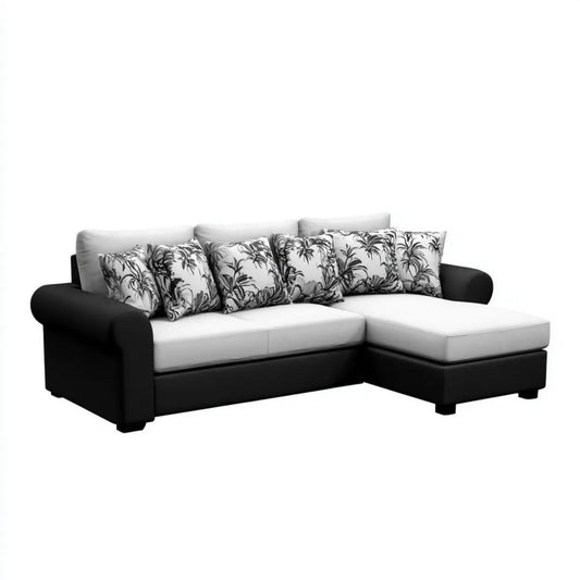 Narożnik w kształcie L czarno-biało-szary z tapicerką z poliestru i PVC, 240 × 160 × 85 cm