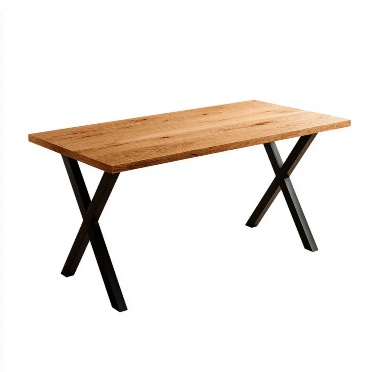 Prostokątny stół do jadalni z dębowym blatem i stalowymi nogami X, 180 × 90 × 75 cm, naturalny dąb/czarny