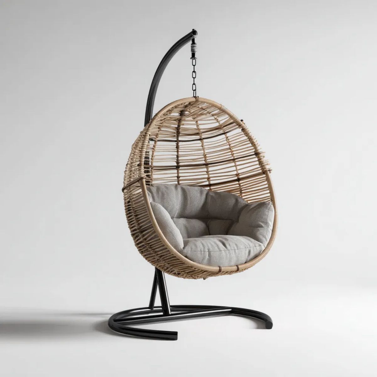 Owalny fotel wiszący ogrodowy z podstawą, rattan PE i stal, beżowo-jasnoszaro-czarny, 95 × 75 × 195 cm
