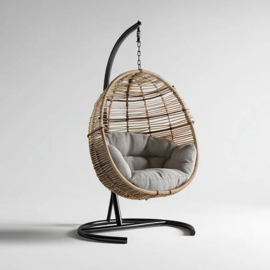 Owalny fotel wiszący ogrodowy z podstawą, rattan PE i stal, beżowo-jasnoszaro-czarny, 95 × 75 × 195 cm