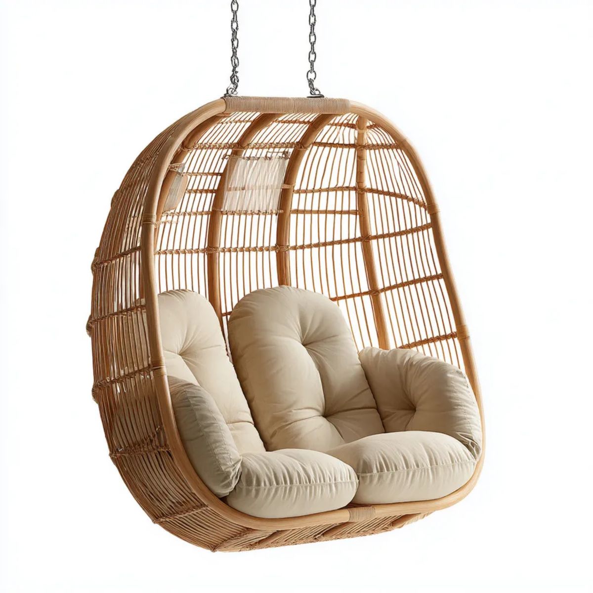 Dwuosobowy wiszący fotel ogrodowy z rattanu naturalnego, beżowy, owalny, 120 × 80 × 120 cm