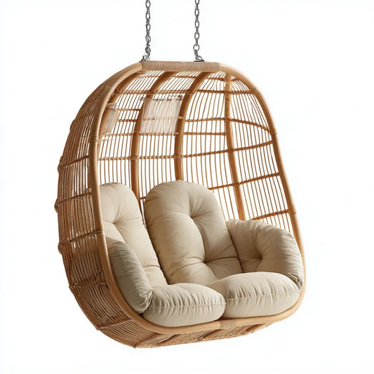 Dwuosobowy wiszący fotel ogrodowy z rattanu naturalnego, beżowy, owalny, 120 × 80 × 120 cm