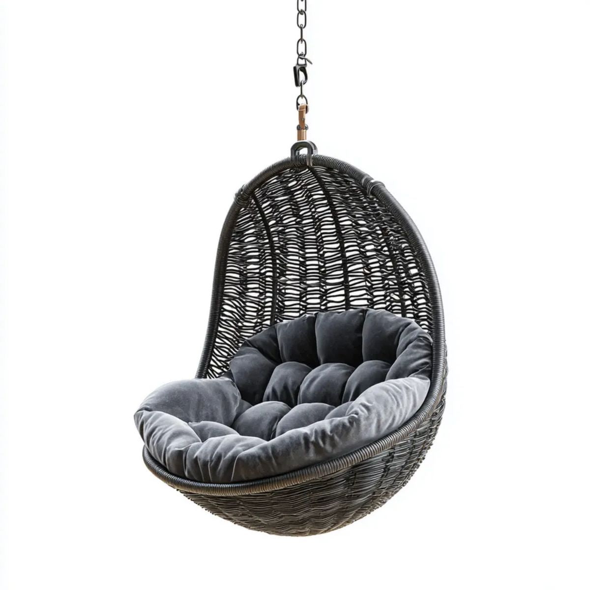 Fotel wiszący kokon z technorattanu czarny z szarą poduszką 105 x 75 x 120 cm