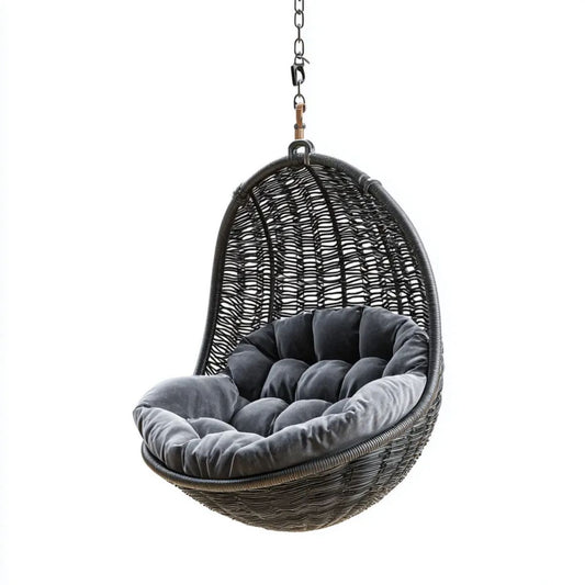 Fotel wiszący kokon z technorattanu czarny z szarą poduszką 105 x 75 x 120 cm