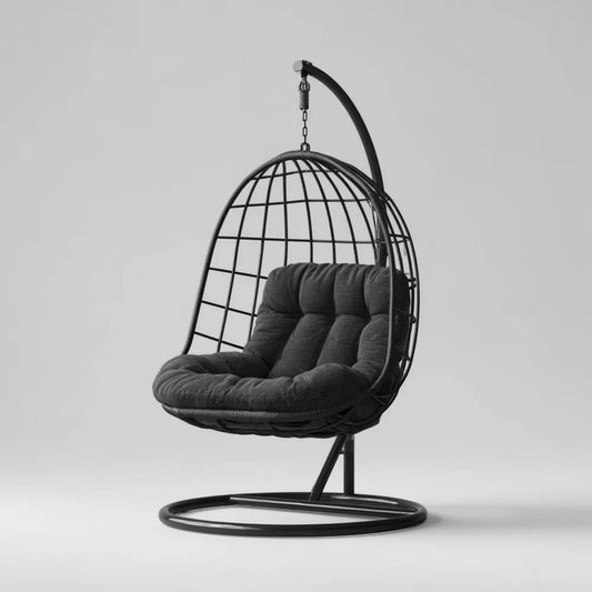 Fotel wiszący ogrodowy kokon czarny ze stali i technorattanu, 105 x 105 x 195 cm