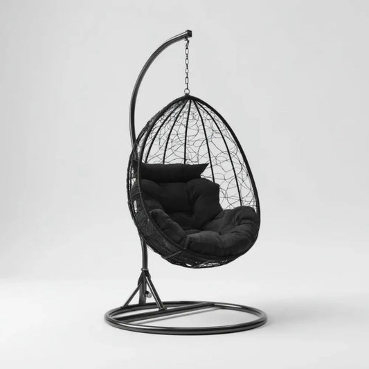 Czarny wiszący fotel ogrodowy kokon ze stali i technorattanu 105 x 105 x 195 cm
