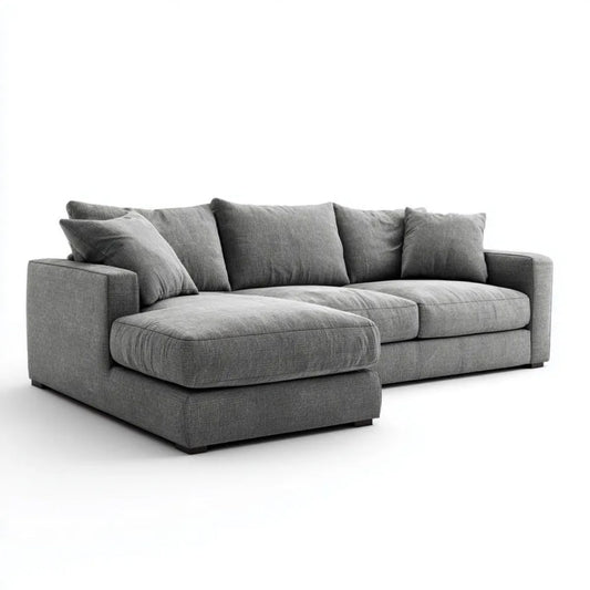 Szara sofa narożna z lewym szezlongiem, tapicerką poliestrową, 280 x 170 x 85 cm