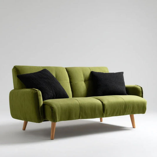 Sofa dwuosobowa oliwkowozielona z aksamitu na drewnianych nogach z 2 czarnymi poduszkami, 160 × 85 × 86 cm