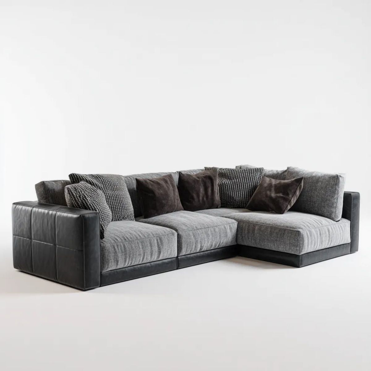 Szara sofa narożna w kształcie L z czarnymi panelami, tapicerka poliestrowa, 280 × 210 × 85 cm