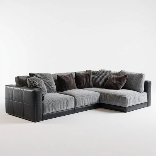 Szara sofa narożna w kształcie L z czarnymi panelami, tapicerka poliestrowa, 280 × 210 × 85 cm
