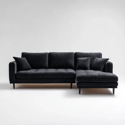 Prawostronna sofa narożna z szezlongiem z weluru, czarna, 250 × 160 × 85 cm