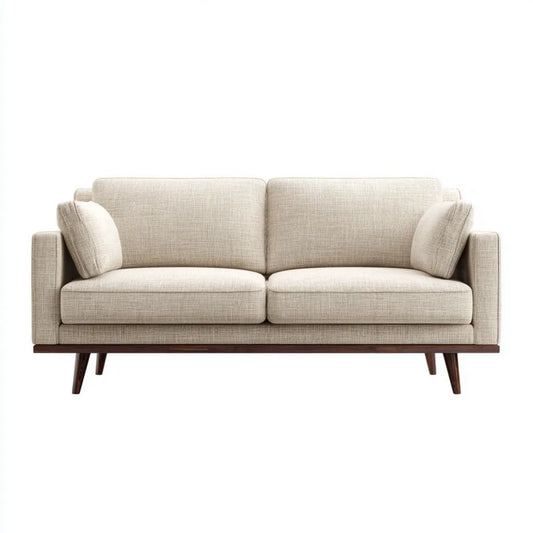 Beżowa dwuosobowa sofa z tkaniny i drewna, 160 x 85 x 82 cm