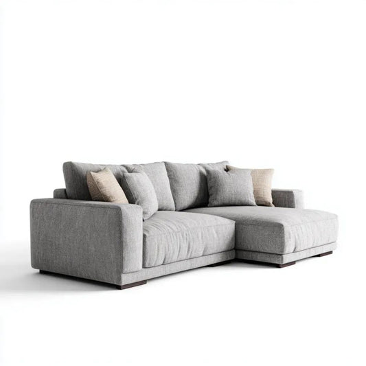 Szara sofa narożna w kształcie L z prawostronnym szezlongiem z tkaniny poliestrowej, 280 × 170 × 85 cm