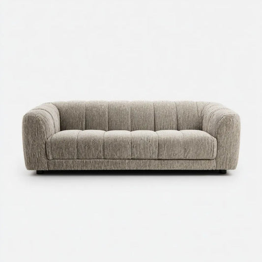 Trzyosobowa sofa beżowa z poliestru sztruksowego 220 × 95 × 75 cm o zaokrąglonej formie